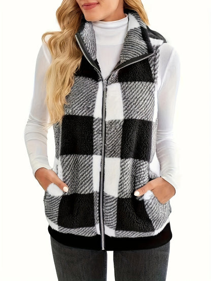 Women plaid fleece gilet with practical pockets Chic and Style