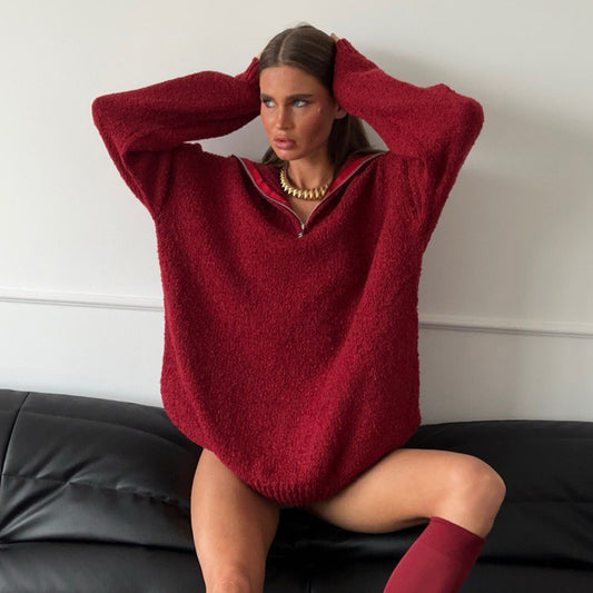 Pull en fleece surdimensionné pour femmes avec col haut et fermeture éclair Chic und Stil