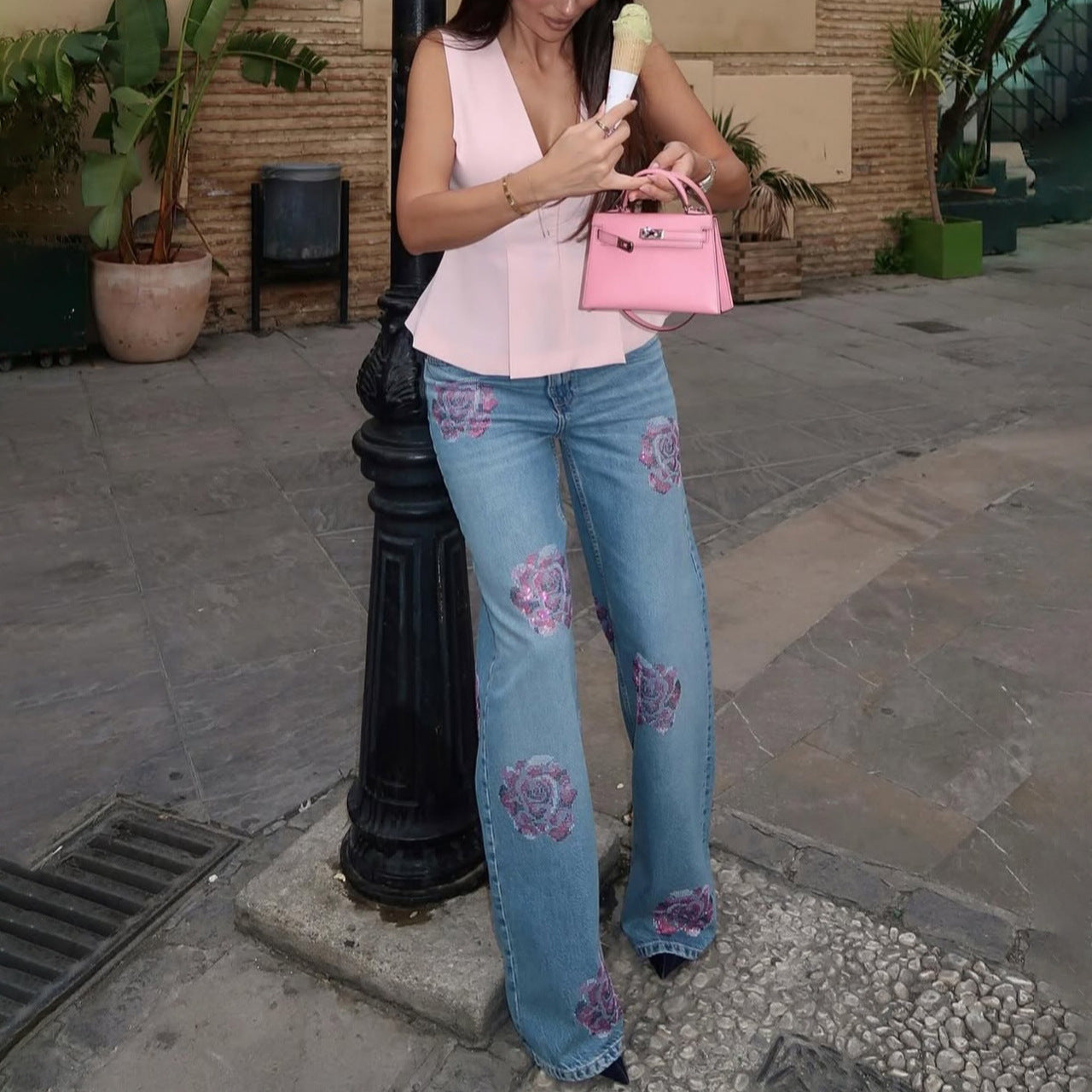 Ladies Loose Denim Pants with Button Details Chic and Style