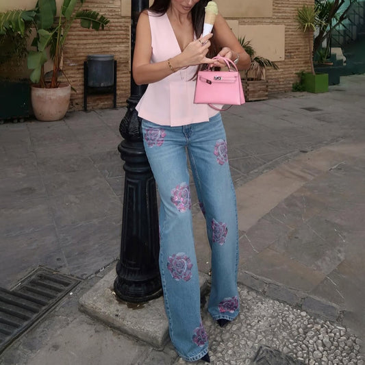 Ladies Loose Denim Pants with Button Details Chic and Style