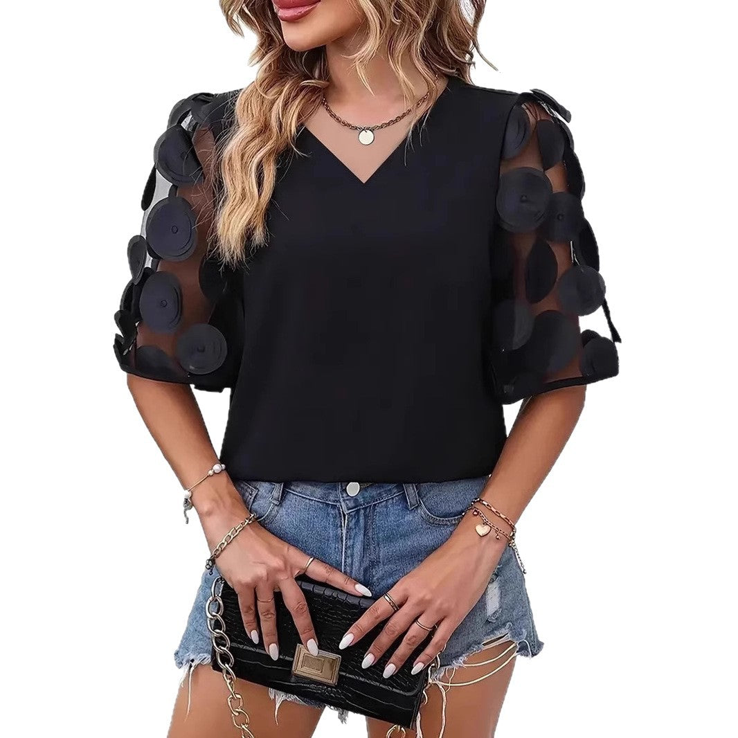 Dames Haut élégant avec des manches bouffantes transparentes et un décolleté en V Chic und Stil