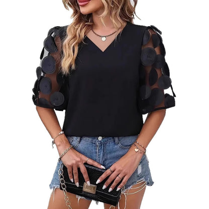 Dames Haut élégant avec des manches bouffantes transparentes et un décolleté en V Chic und Stil