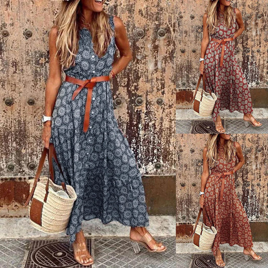 Robe maxi bohémienne pour femmes avec ceinture à la taille et motif floral Chic und Stil