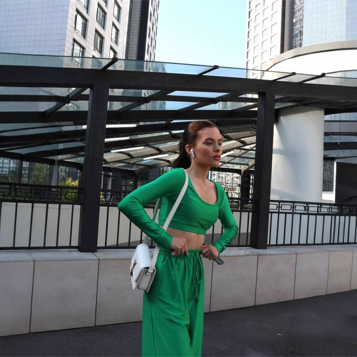 Ladies trendy top with high waist wide pants chic and style