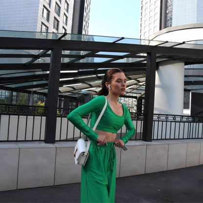 Ladies trendy top with high waist wide pants chic and style