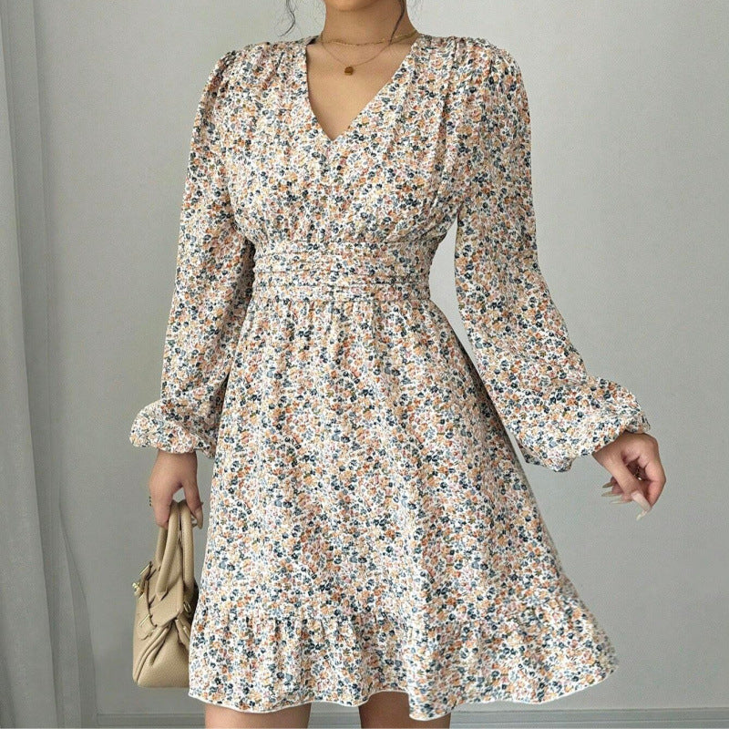 Robe mini ornée de fleurs pour femmes avec décolleté en V profond et manches volumineuses Chic und Stil