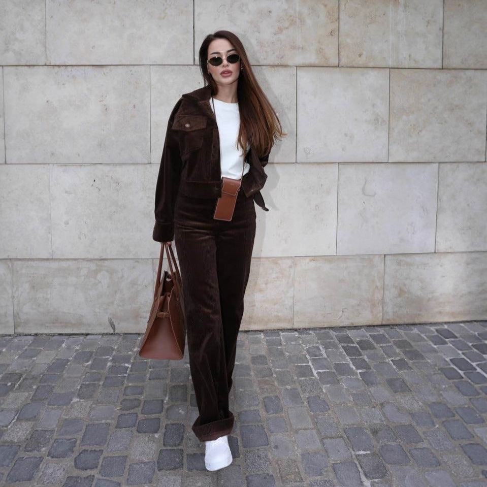 Corduroy jacket for women with a cropped top and high-waisted pants Chic and Style