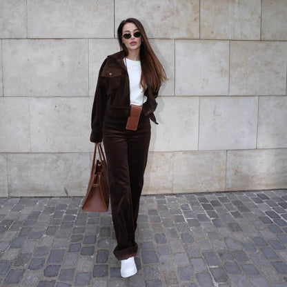 Corduroy jacket for women with a cropped top and high-waisted pants Chic and Style