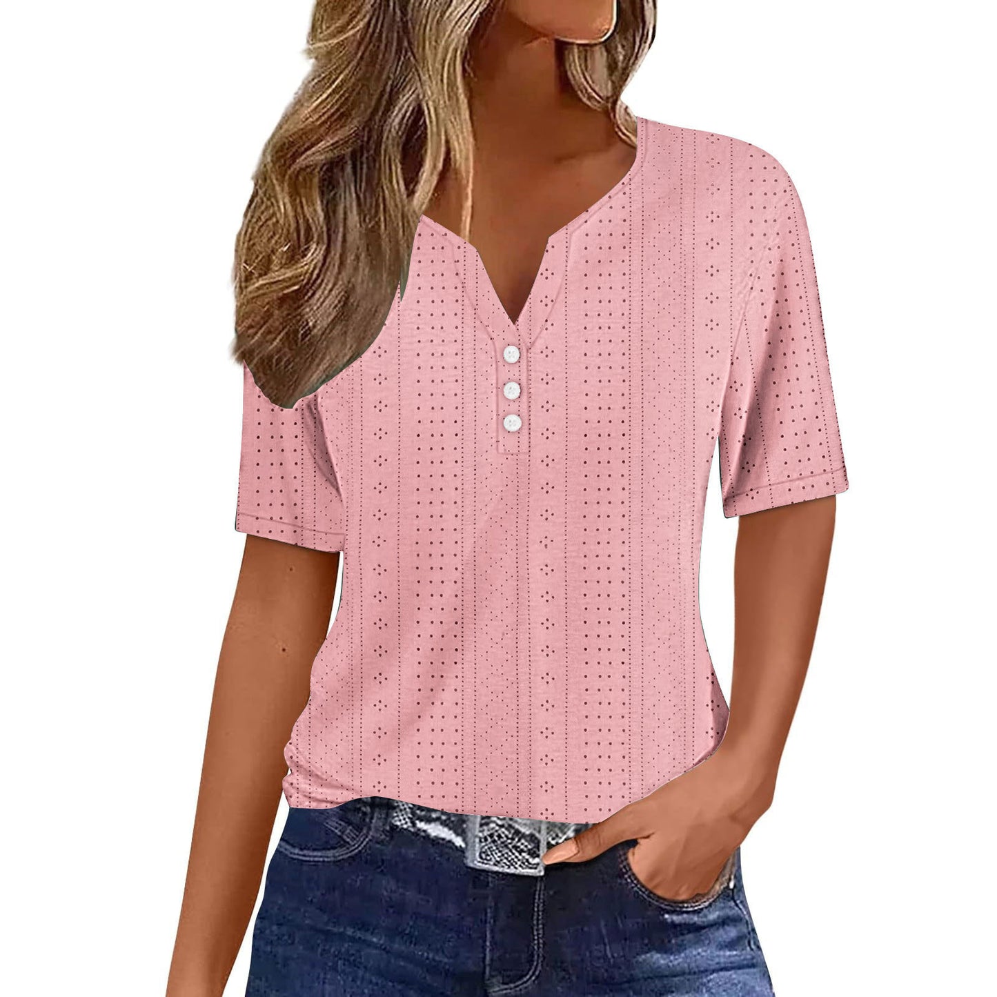 Chemise à manches courtes pour femmes avec détails de boutons et fine structure en mailles plongeantes Chic und Stil
