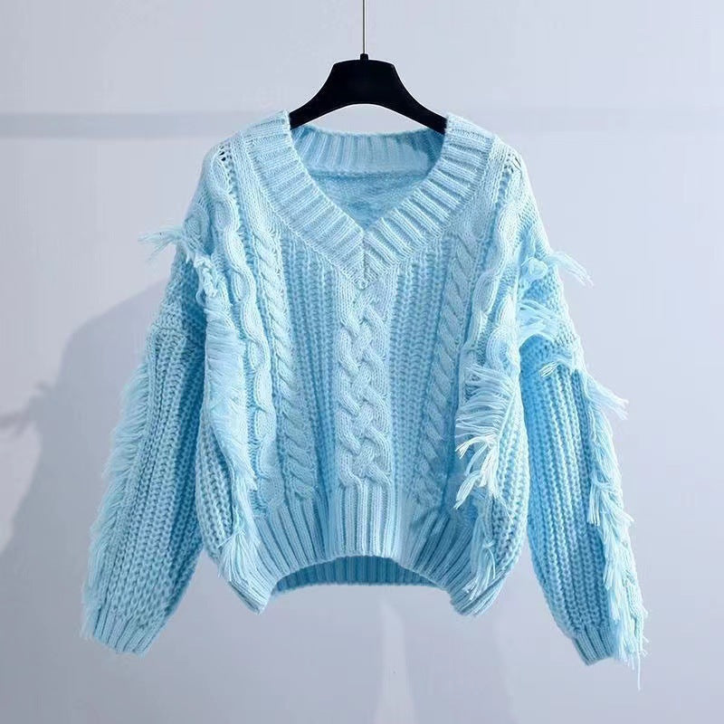 Dames gros tricot pull avec franges et décolleté en V Chic und Stil