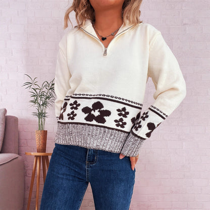 Dames pull en grosse maille avec motifs floraux et manches trois-quarts pratiques Chic und Stil