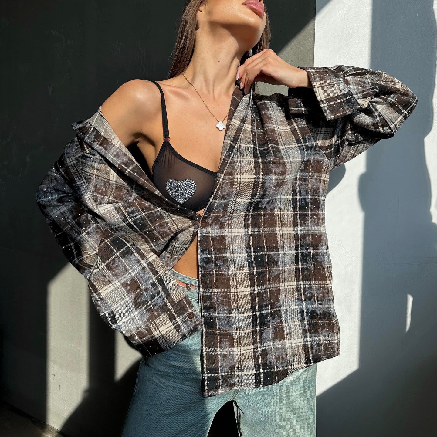 Dames Chemise à Carreaux Chic und Stil