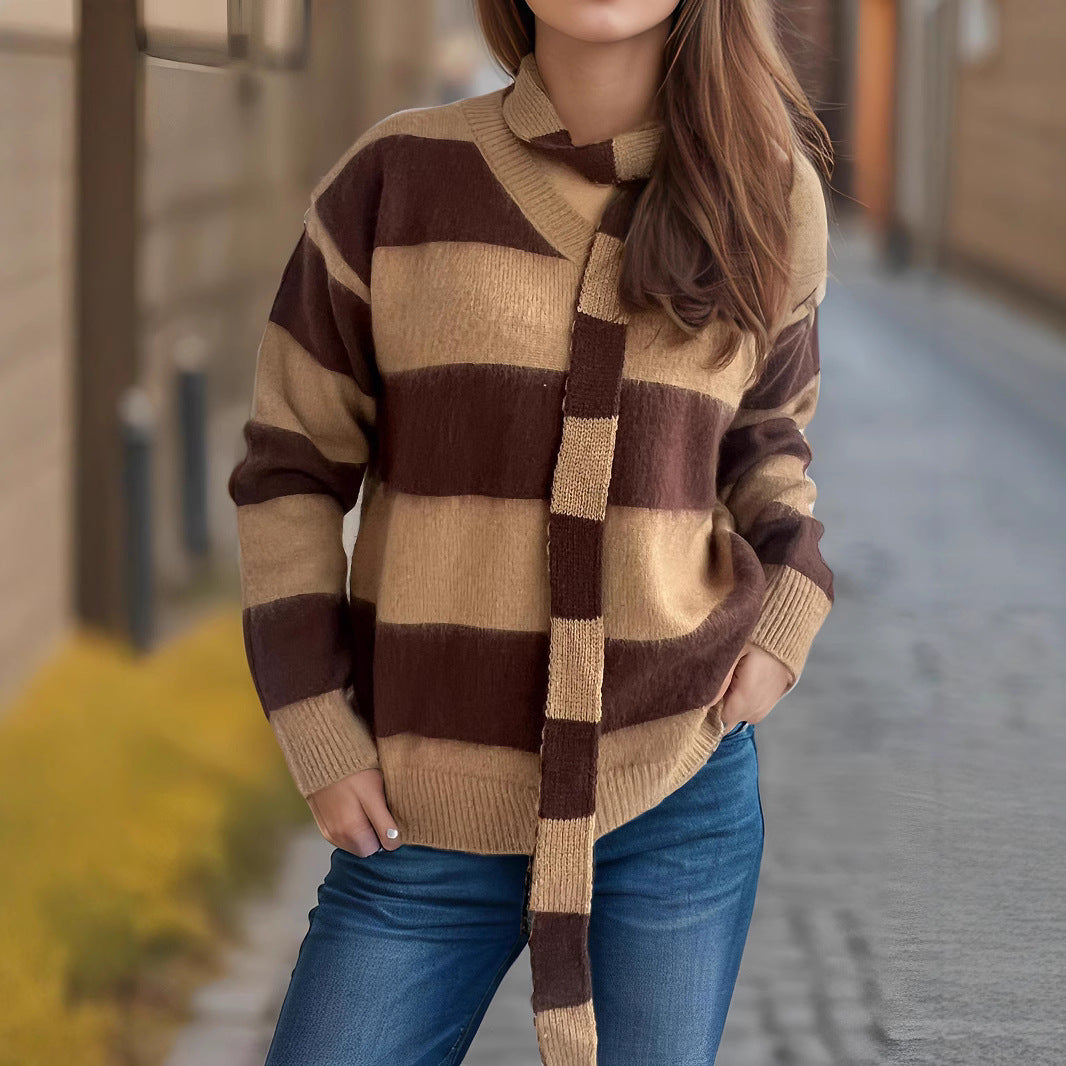 Pull-over en tricot décontracté pour femmes avec motif à rayures moderne et écharpe décorative Chic und Stil