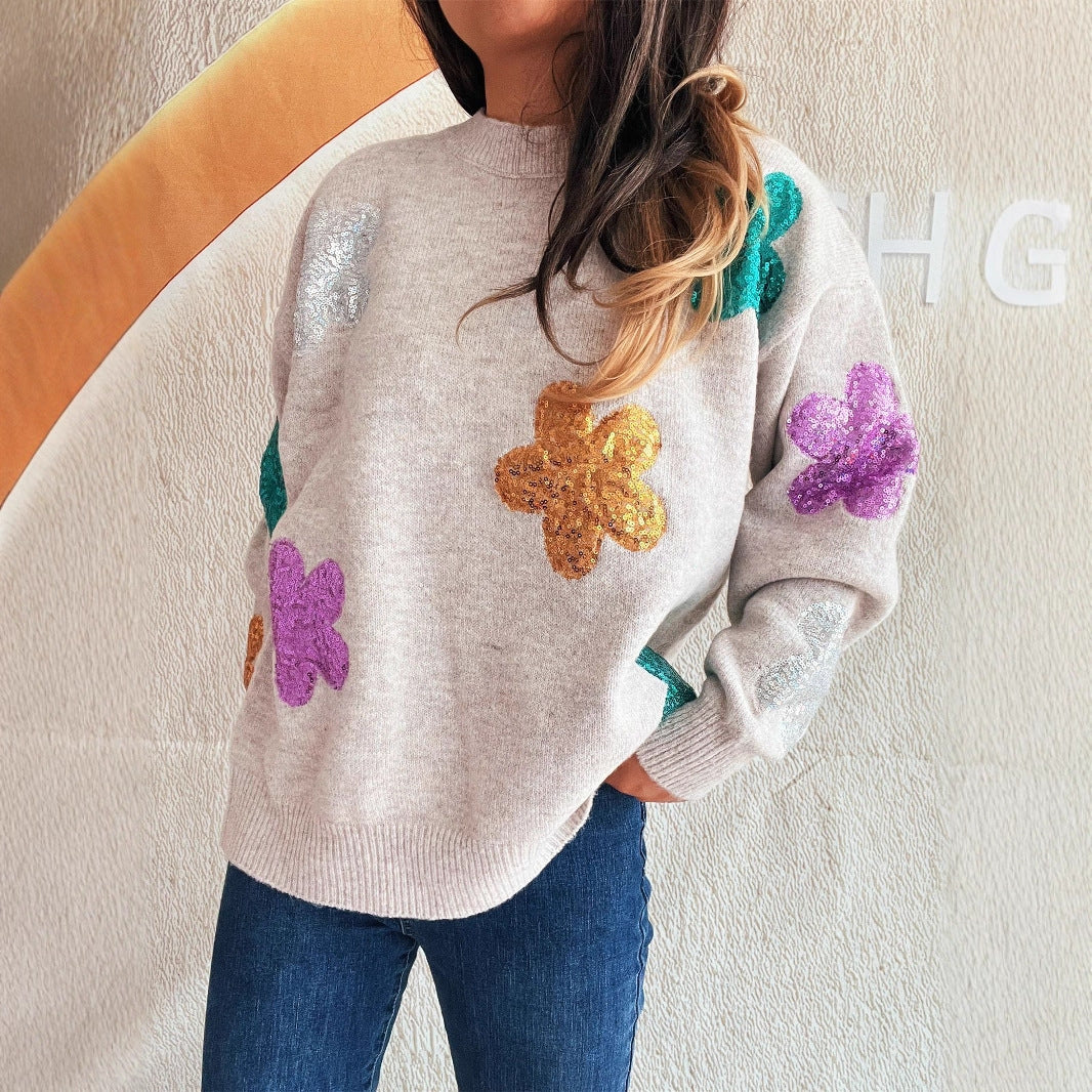 Pull en tricot pour femmes avec des fleurs scintillantes colorées Chic und Stil