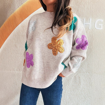 Pull en tricot pour femmes avec des fleurs scintillantes colorées Chic und Stil