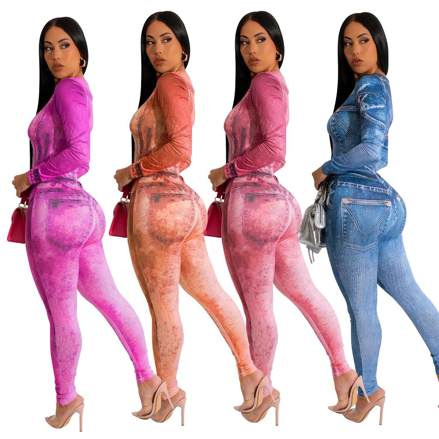 Dames Denim Imprimé Manches Longues Body Chic und Stil