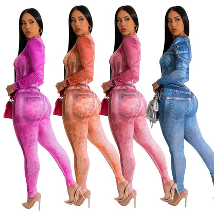 Dames Denim Imprimé Manches Longues Body Chic und Stil