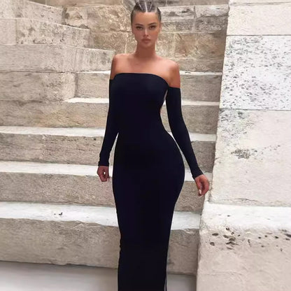 Dames Élégante robe longue avec design sans épaules et manches longues Chic und Stil