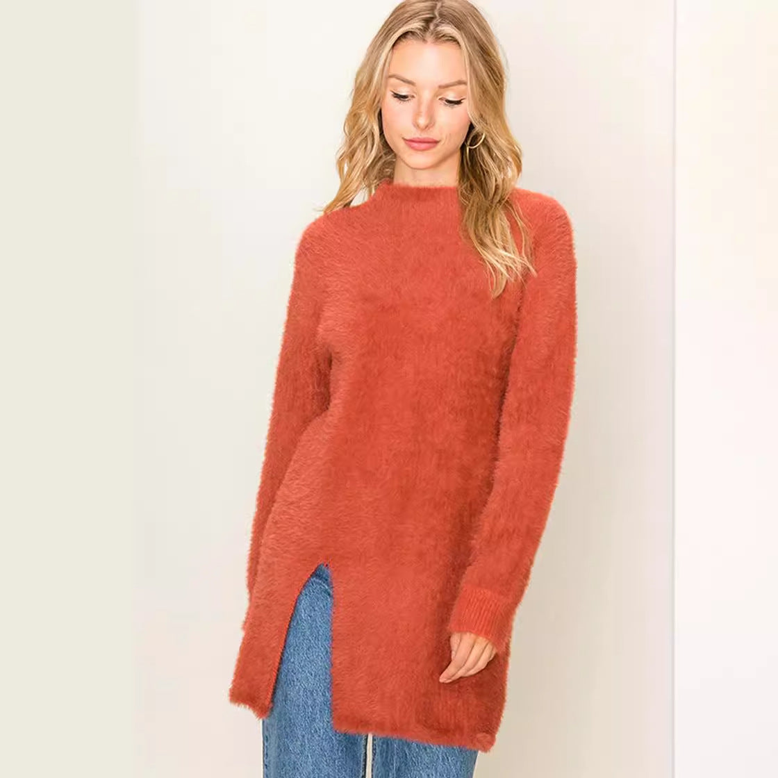 Pull long confortable pour femmes avec fentes latérales et matière douce Chic und Stil