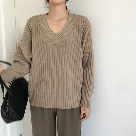 Pull femme à col en V avec texture en côtes Chic und Stil