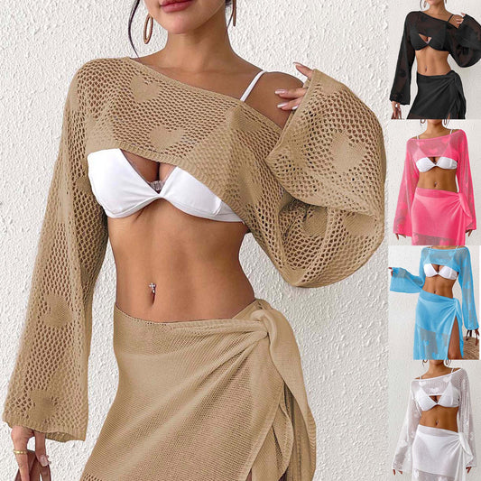 Ladies heart pattern mesh beach cover-up set Chic and Style