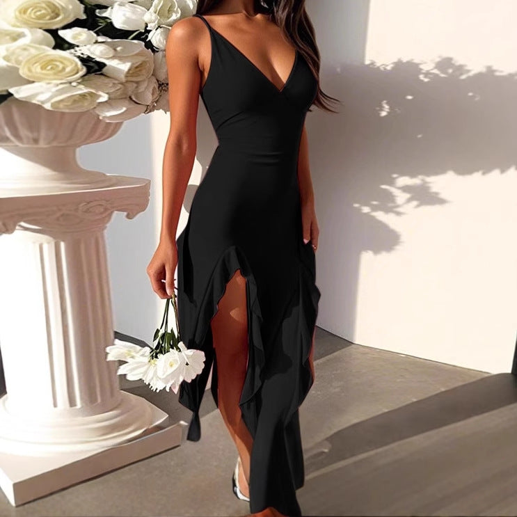 Robes maxi élégante pour femmes avec ourlet asymétrique et décolleté en V profond Chic und Stil