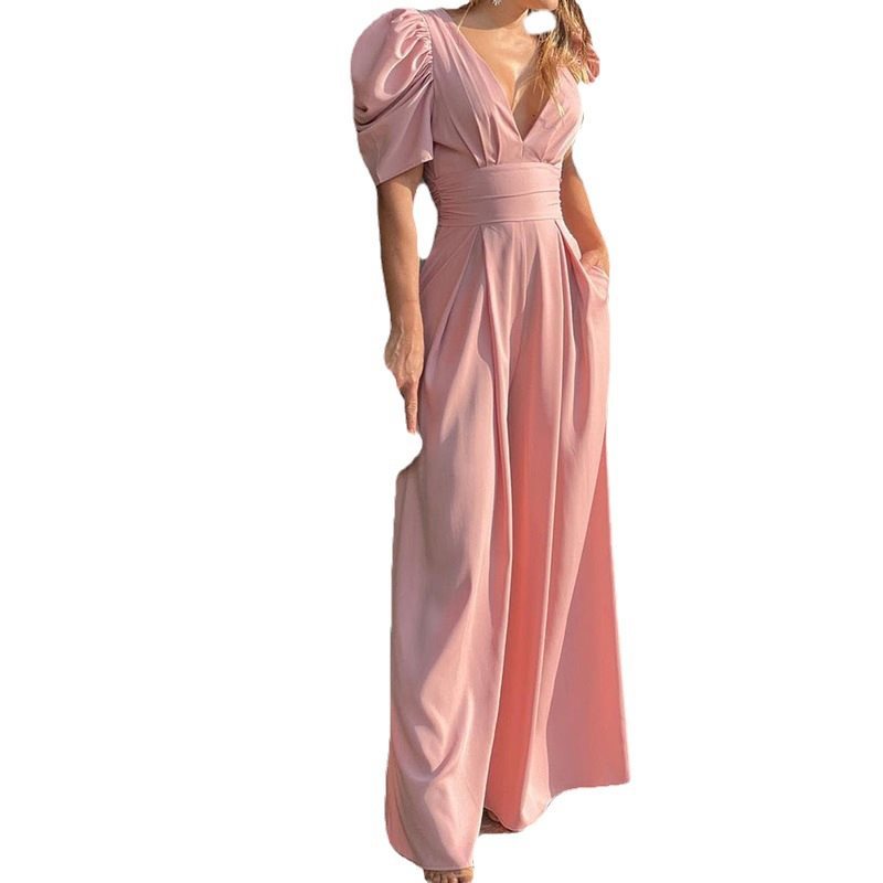 Robe maxi élégante pour femmes avec des manches bouffantes et un décolleté en V profond Chic und Stil