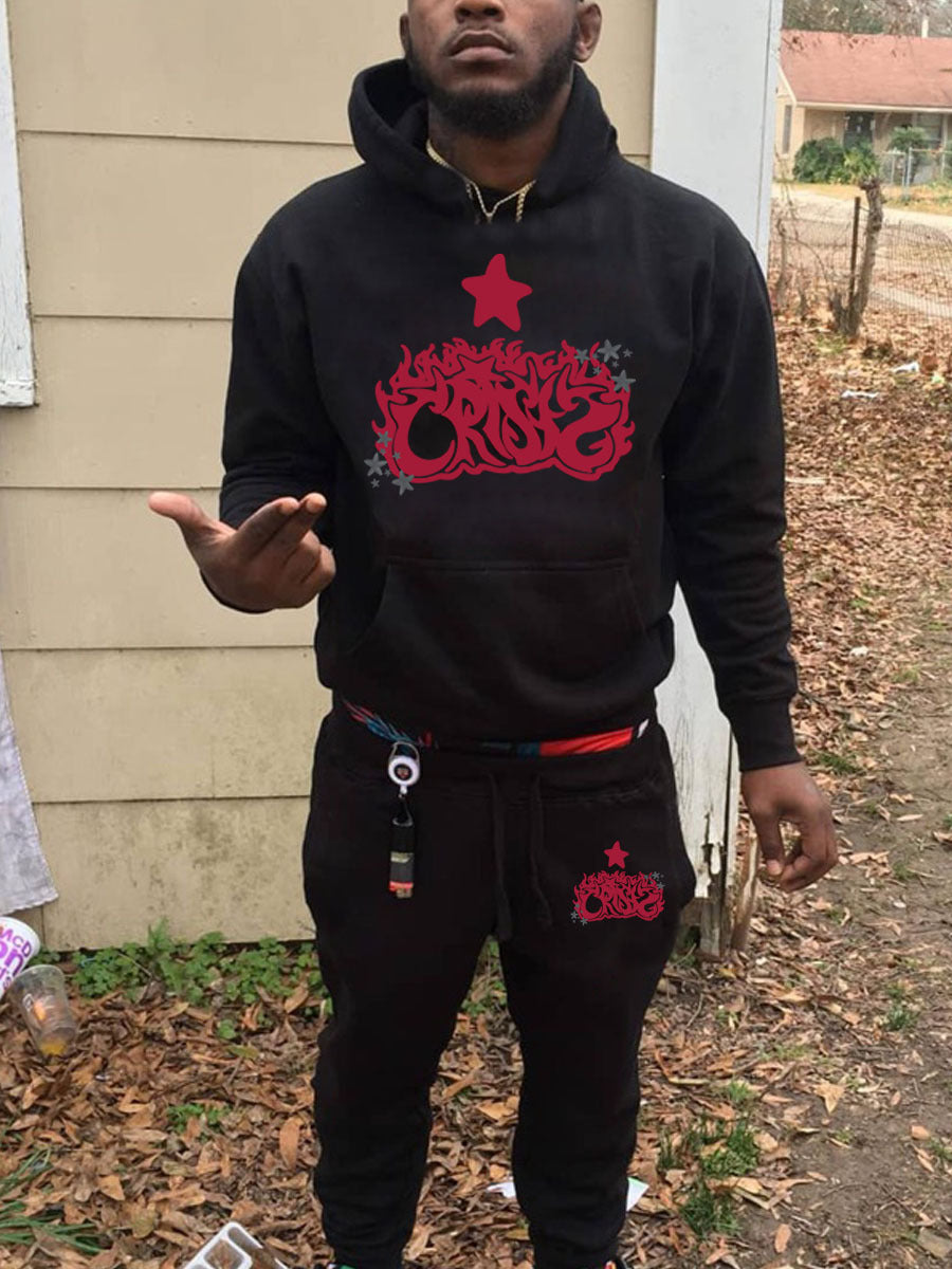 Men's hoodie and jogger pants set with artistic print and chic casual details