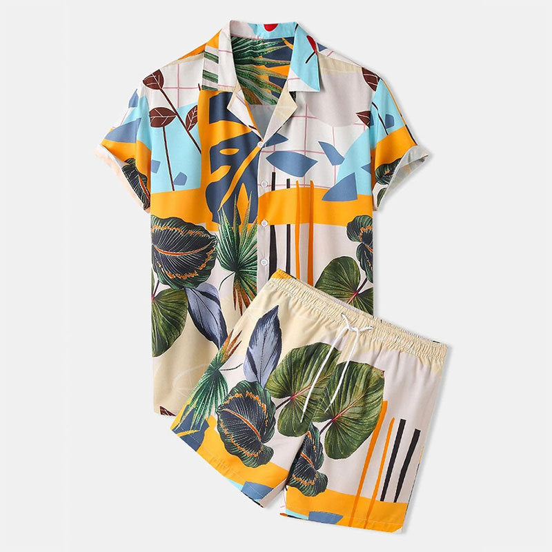 Chemise de loisirs pour hommes et ensemble de shorts avec motif végétal coloré Chic und Stil