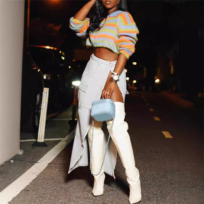 Dames cropped tricot pull avec fermeture éclair et motif rayé coloré Chic und Stil