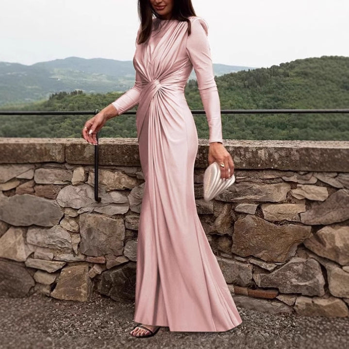 Dames Robe longue élégante avec fronces et col haut Chic und Stil