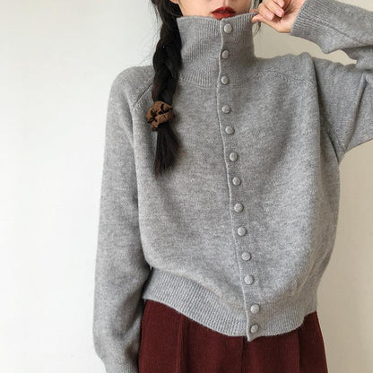 Dames Cardigan en tricot de haute qualité avec col montant et détails de boutons Chic und Stil