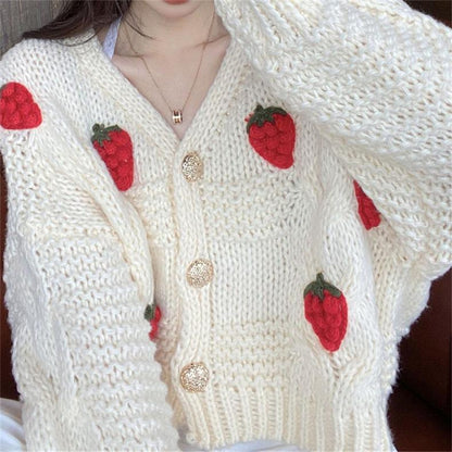 Dames Gros Tricot Cardigan avec Broderie Florale et Boutons Étincelants Chic und Stil