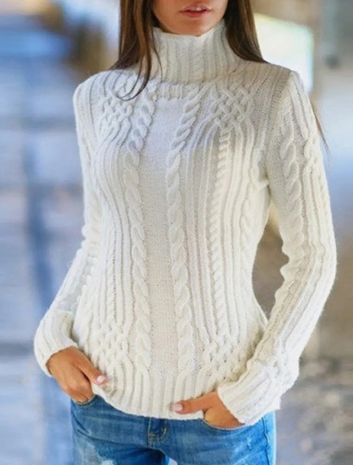 Dames Pull en tricot de haute qualité avec col montant et motif torsadé Chic und Stil