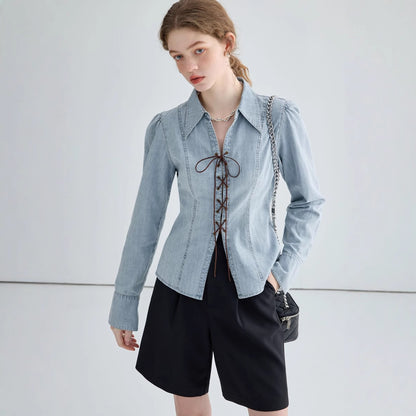 Blouse en jean élégante pour femmes avec fermeture en dentelle Chic und Stil