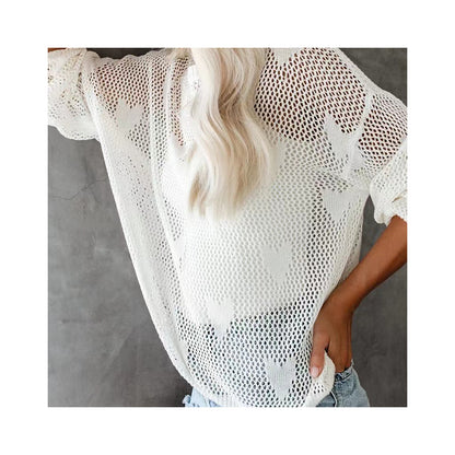 Dames Pull Over-Dimensionné en Maille avec Motif Cœur et Structure Aérée Chic und Stil
