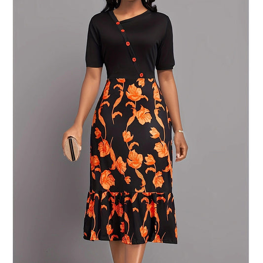 Dames Robe élégante avec motif floral et détails de boutons Chic und Stil