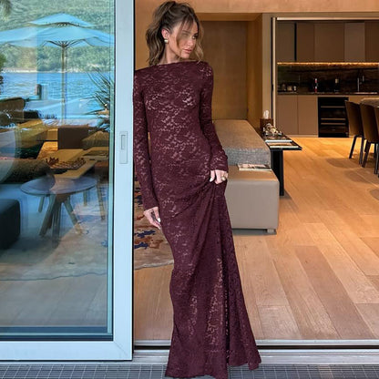 Robe maxi élégante en dentelle pour femmes avec manches longues Chic und Stil