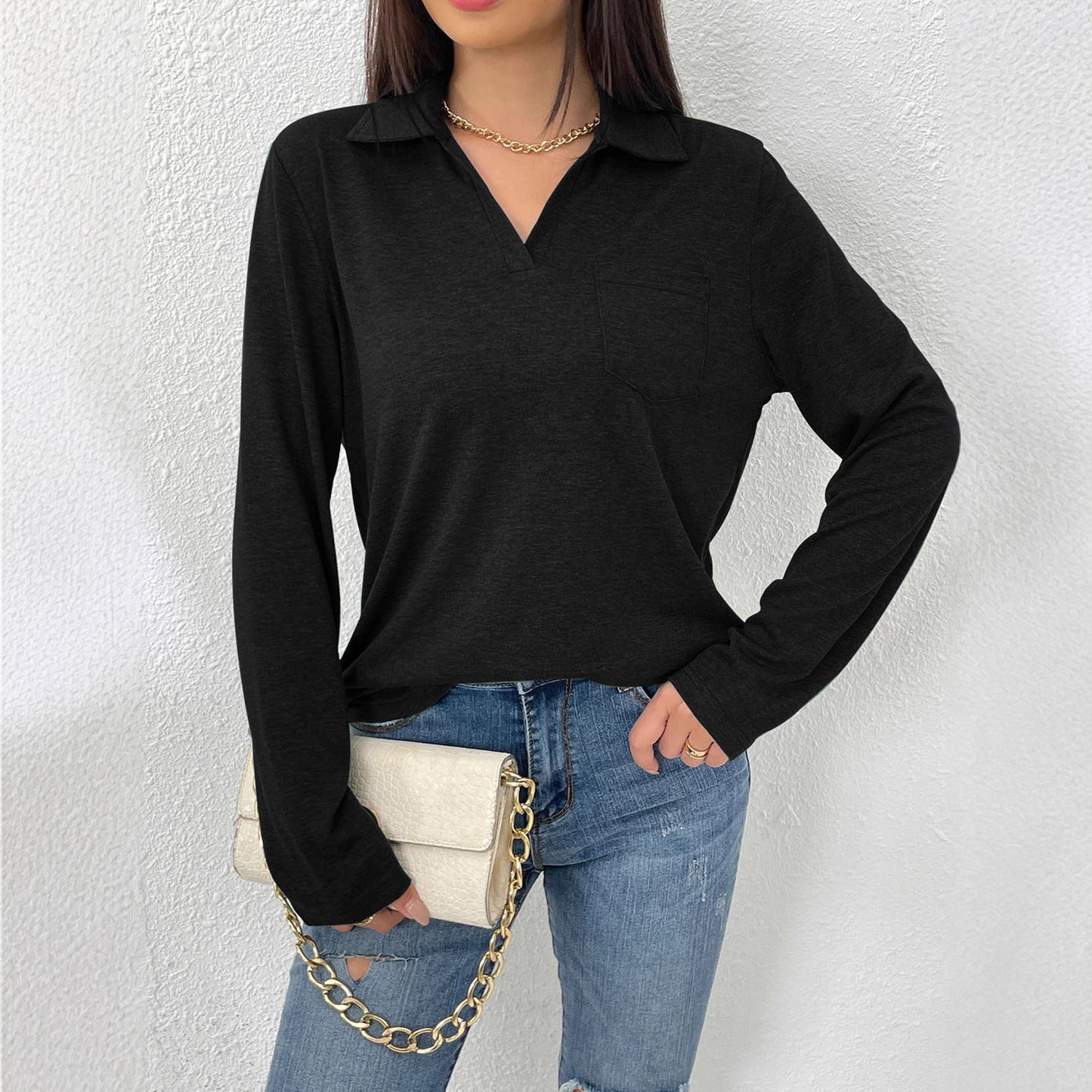 Blouse à manches longues pour femmes avec col moderne et poche poitrine Chic und Stil