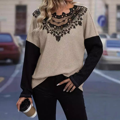 Dames Élégant haut tricoté avec col en dentelle crochetée Chic und Stil