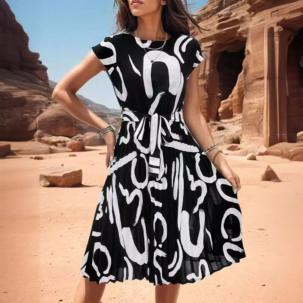 Femmes Robe Midi Élégante avec Ceinture à Liens Chic und Stil