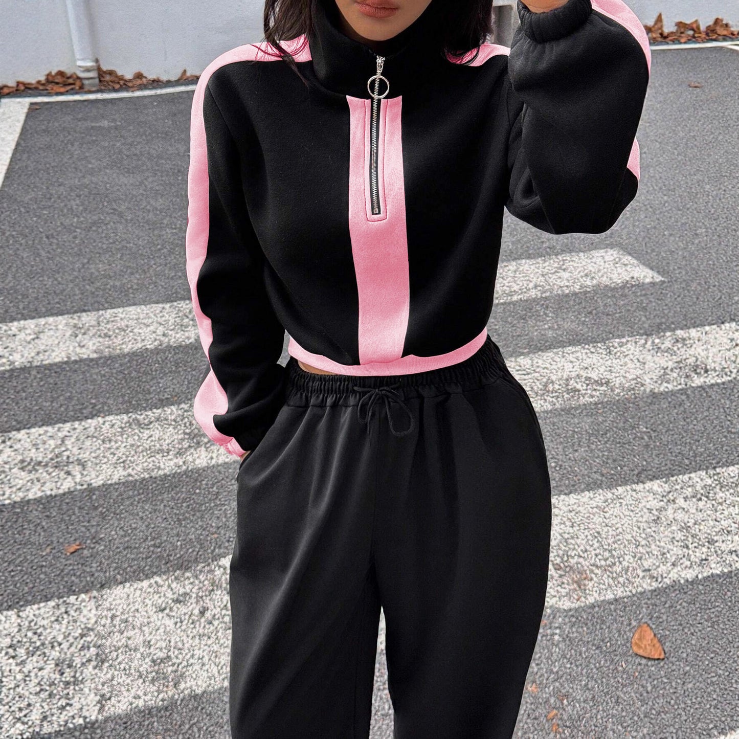 Ladies Short Sporty Hooded Sweatshirt and Casual Jogging Pants Set Chic and Style