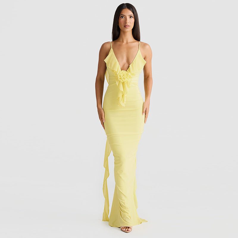 Dames Robe élégante avec détail de volants flottants et longues bandes Chic und Stil