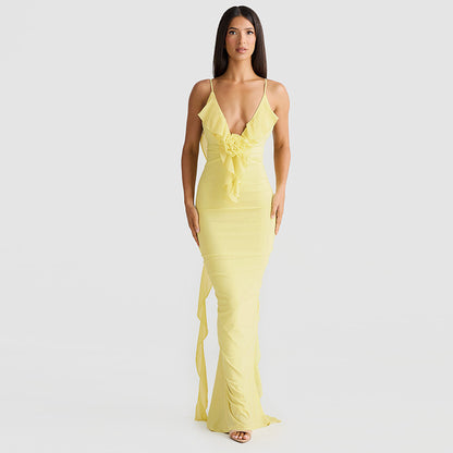 Dames Robe élégante avec détail de volants flottants et longues bandes Chic und Stil