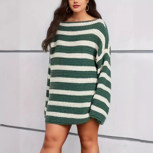 Pull over décontracté en crochet pour femmes avec des rayures modernes.