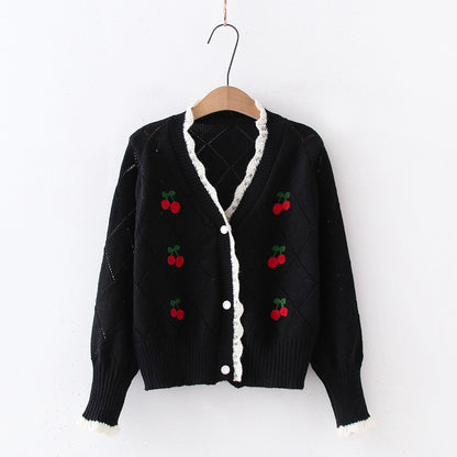 Dames cardigan en tricot épais confortable avec motif cerise décoratif Chic und Stil