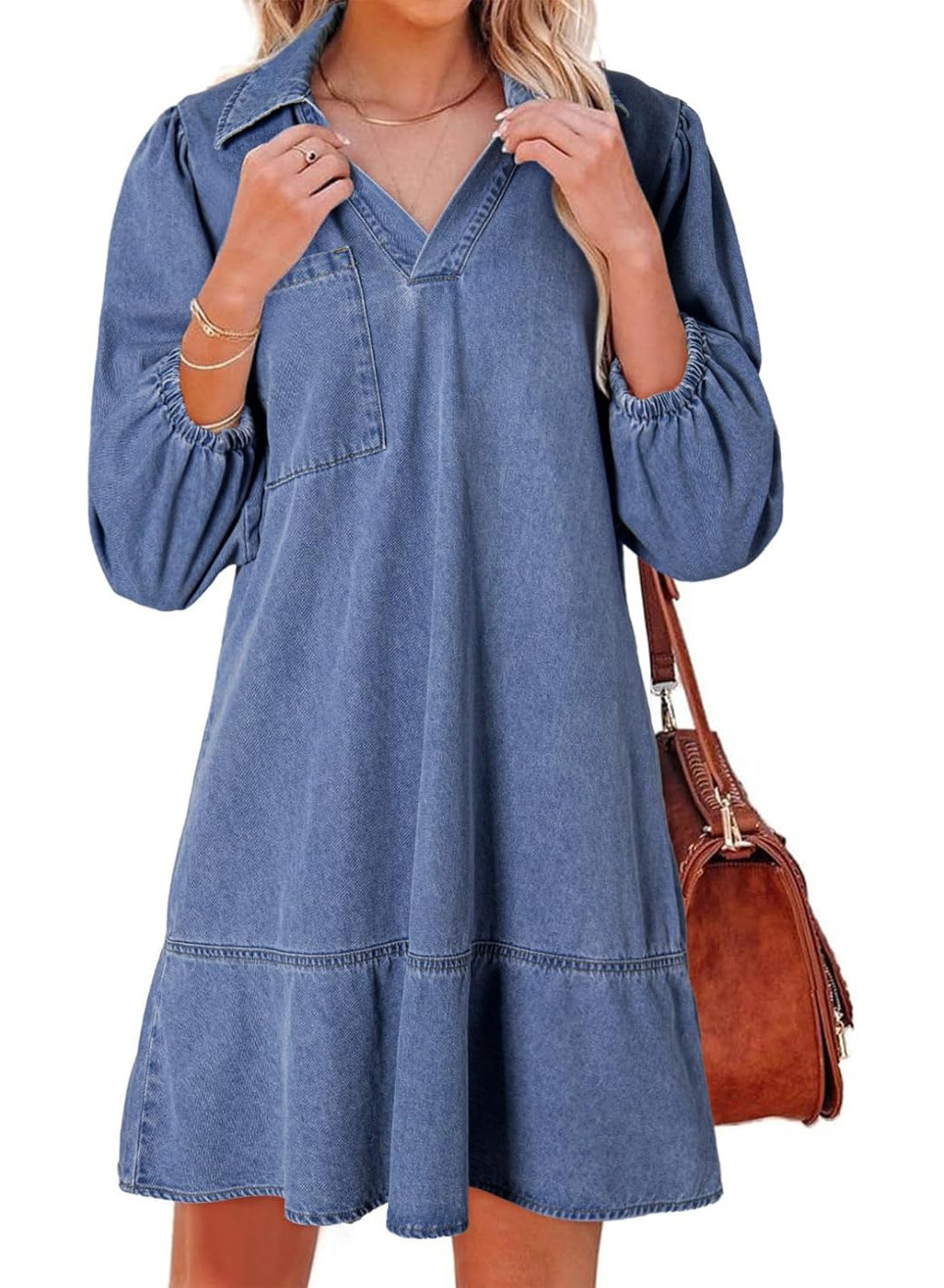 Robe en denim pour femmes avec des manches volumineuses et une poche latérale Chic und Stil