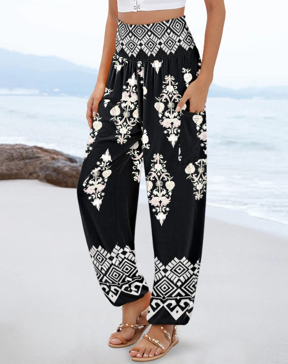 Wide Palazzo pants for women with colorful Paisley pattern and elastic waistband Chic und Stil