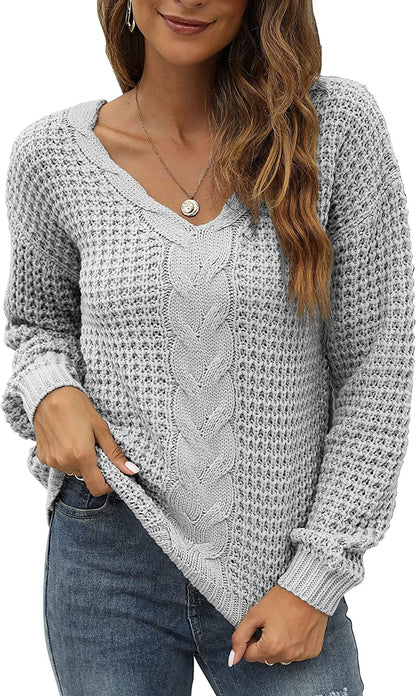 Pull-over en tricot décontracté pour femmes avec décolleté en V plongeant et motif de torsades détaillé Chic und Stil