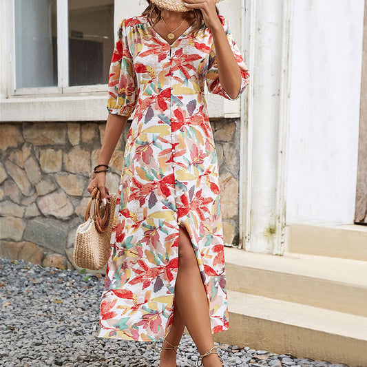 Robe maxi à boutons imprimé floral pour dames Chic und Stil